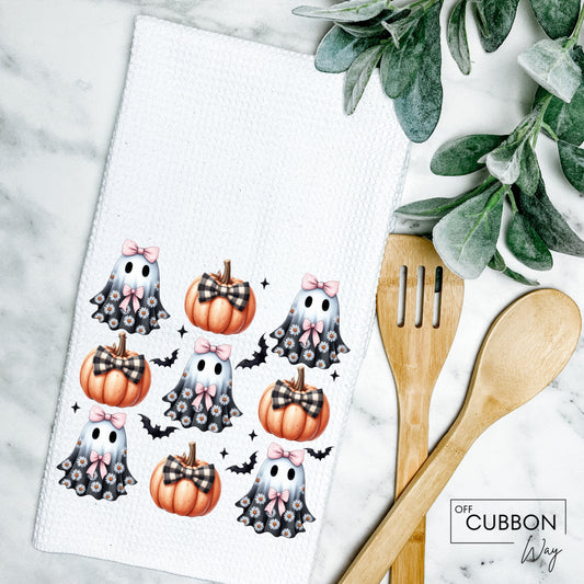 Flower Ghosts & Pumpkins Kitchen Tea Towel