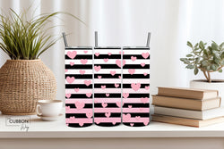 White & Black Stripes Pink Floating Hearts Tumbler