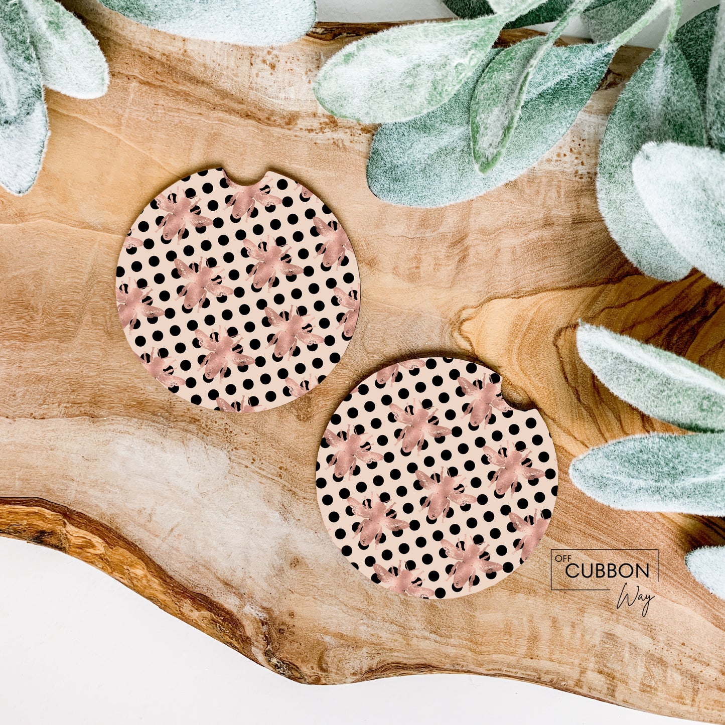 Black Dots and honey bees Car Coaster