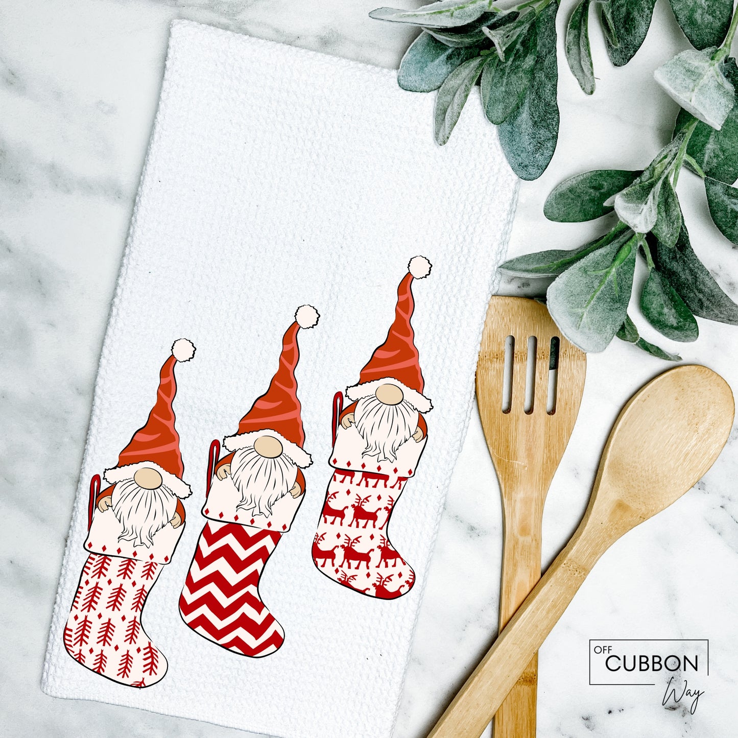 Gnomes in Christmas Stockings Kitchen Tea Towel