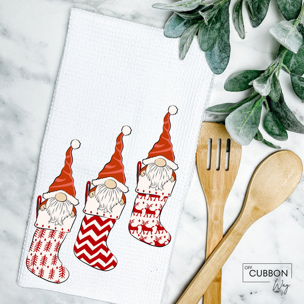 Gnomes in Christmas Stockings Kitchen Tea Towel