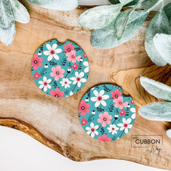 Pink & White Flowers Car Coasters